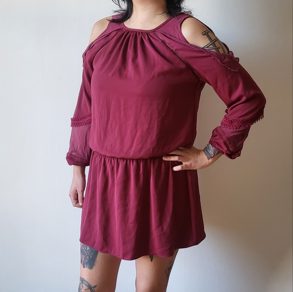 Ramy Brook New York Burgundy Silk Chiffon Cold Shoulder Mini Dress XS